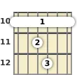 Diagram of an A 11th guitar barre chord at the 10 fret (fifth inversion)