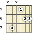 Diagram of a C 11th guitar chord at the 5 fret (first inversion)