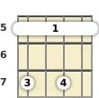 Diagram of an A 7th sus4 mandolin barre chord at the 5 fret (first inversion)