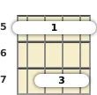 Diagrama de um acorde barre Lá menor (add9) para bandolim no a quinta casa (primeira inversão)