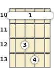 Diagram of an A# major mandolin barre chord at the 10 fret (second inversion)