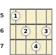 Diagram of a C augmented 7th mandolin chord at the 5 fret