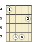 Diagram of an E suspended mandolin chord at the 4 fret (second inversion)