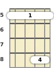 Diagrama de um acorde barre Fá com 2ª suspensa para bandolim no a quinta casa (segunda inversão)