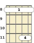 Diagram of a G# suspended 2 mandolin barre chord at the 8 fret (second inversion)